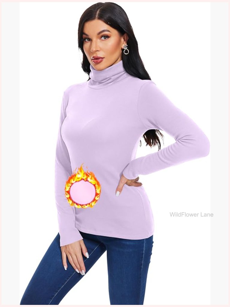 Cotton Fleece Lined Turtleneck Top Long Sleeve Mock Neck Lightweight Thermal